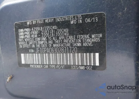 2013 Subaru Impreza 2.0I Premium из США, поврежденный, VIN JF1GPAC63D2871720